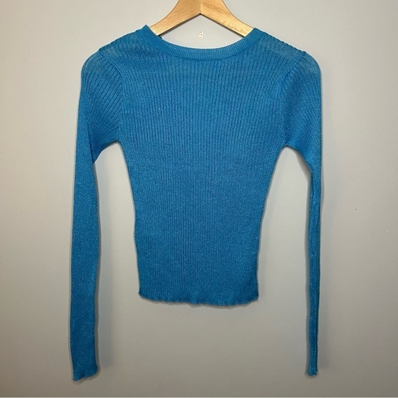 Mango Lace Up Back Cut Out Fine Ribbed Knit Sky Blue Sweater Size Small NWT - Picture 4 of 16
